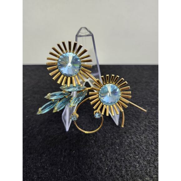 Vintage Rhinestone & Glass Blue Gold Tone Brooch MCM - Picture 3 of 6